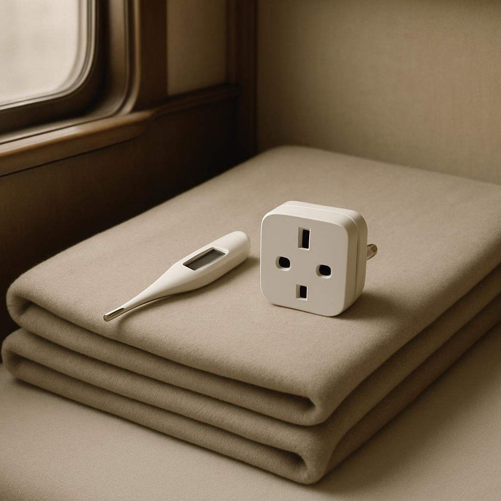 A white thermometer and a white electrical outlet on a rolled up blanket on a train beside a window.