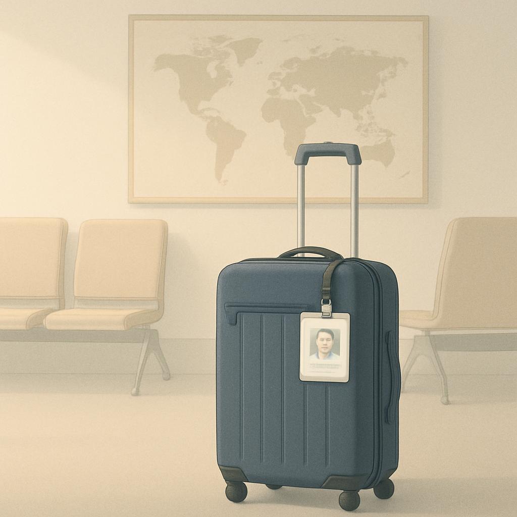 A light blue suitcase with wheels on the floor in a room full of benches and a framed picture of a world map with identifi...