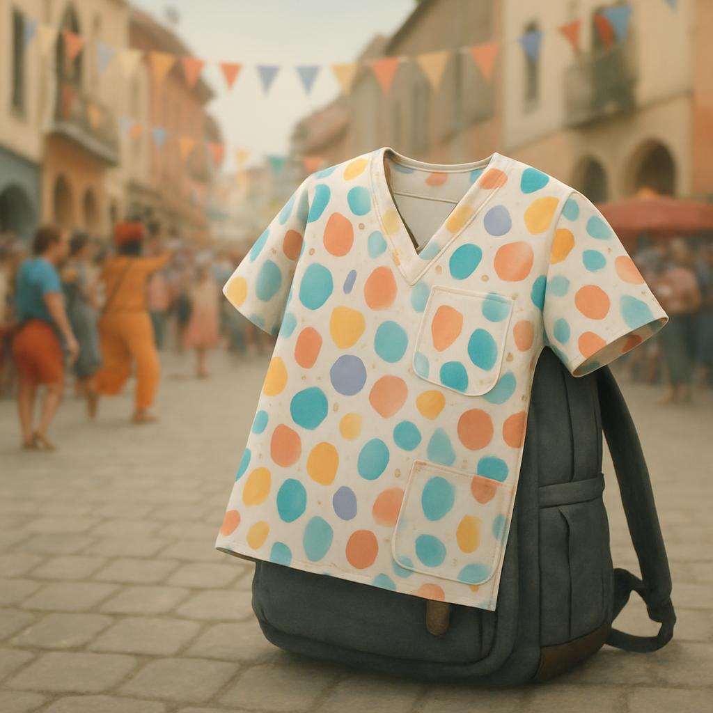 multicolored polka dot patterned scrub top depicted on top of a black backpack on a city street.